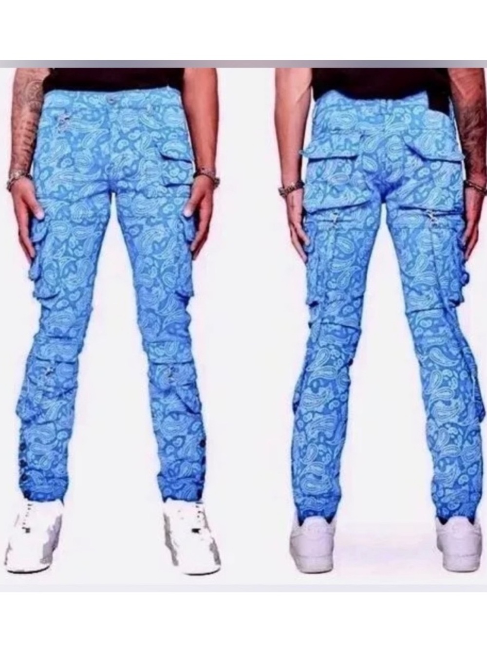 Valabasas V39 Paisley Utility Straps Cargo Denim Jeans Streetwear Blue Size 29